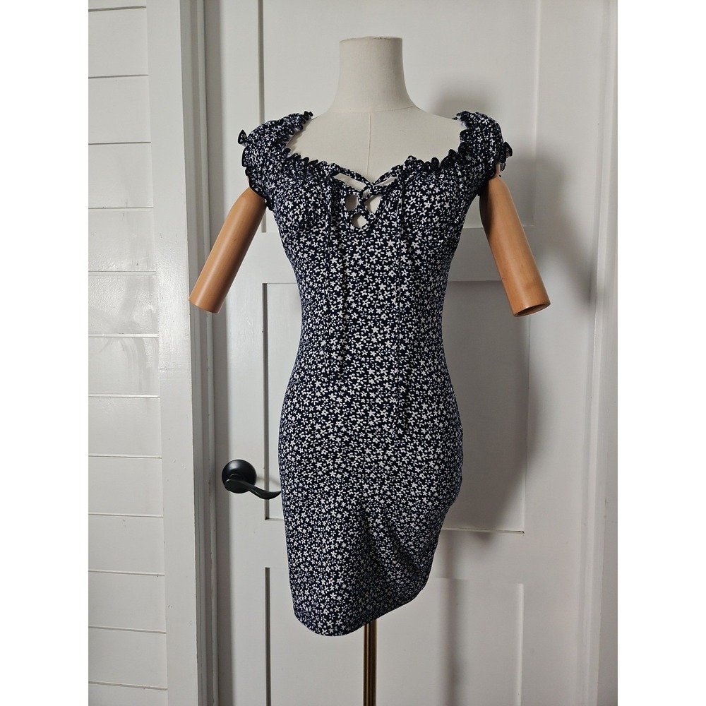 Windsor Cottagecore Navy White Ditsy Flower Ruffled Smocked Neck Piece Small